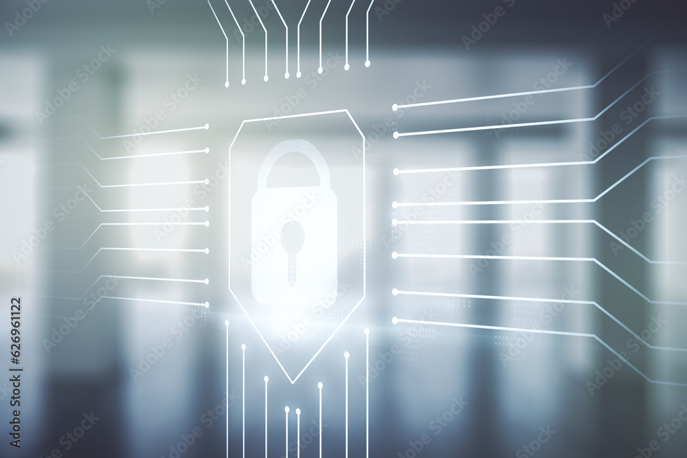 Poster double exposure of virtual creative lock hologram with chip on empty modern office background. infor