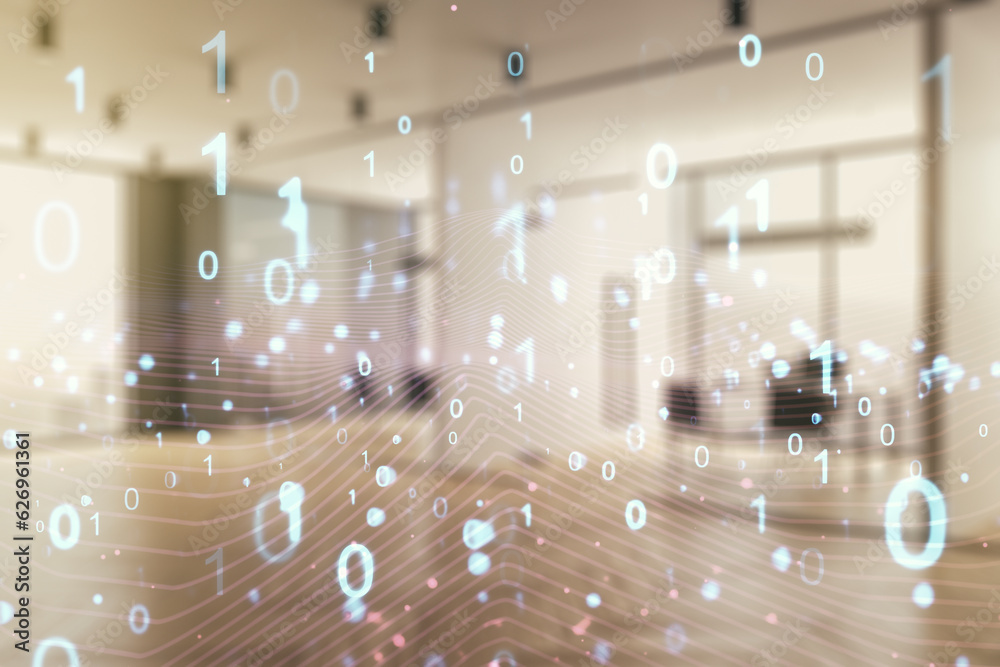 Aufkleber Abstract virtual binary code hologram on a modern furnished classroom background, AI and machine learning concept. Multiexposure