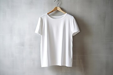 A white T-shirt is hanging on a hanger.