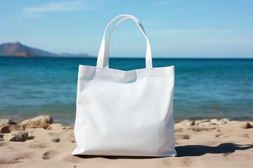 A white bag with handles stands on the beach on the sand