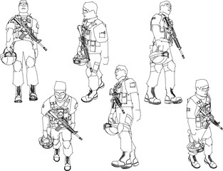 Vector sketch illustration of fully armed army soldiers marching