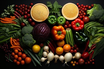A collage of various fruits and vegetables arranged in contrasting colors, showcasing the beauty of natural diversity. Generative AI