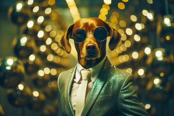 Portrait of a man in a suit and sunglasses with a dog's head. The concept of leisure and style