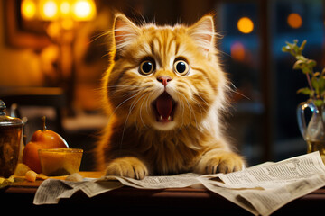 Cute cat is reading a newspaper with his mouth open. Surprise at the information received