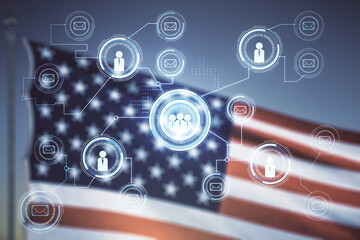 Abstract virtual social network concept on US flag and blue sky background. Multiexposure