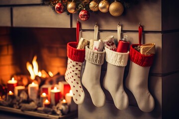 Christmas socks hanging on the fireplace