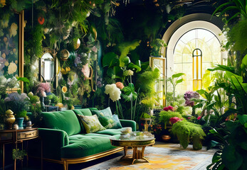 Fototapeta na wymiar Maximalist green solar punk living room with lots of flowers and plants. Generative AI