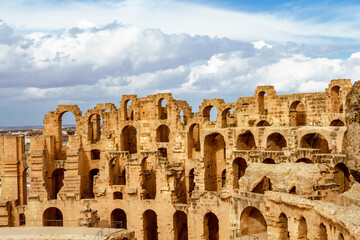 Ruins of the largest coliseum in North Africa. Demolished ancient walls  Roman amphitheatre at El...