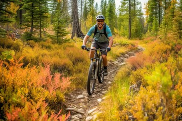 Naklejka premium Mountain biking on the trail, man sport outdoor activity