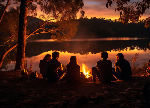 sunset on the lake by the river with group of people sitting near a bonfire