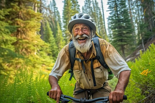 Mountain biking on the trail, elder man sport outdoor activity