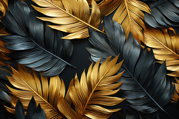 Tropical pattern palm leaves background. Gold texture with luxurious leaf. 