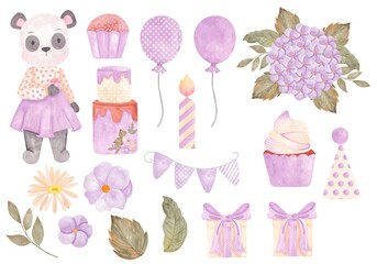 Set watercolor cute happy birthday panda cupcake and cake