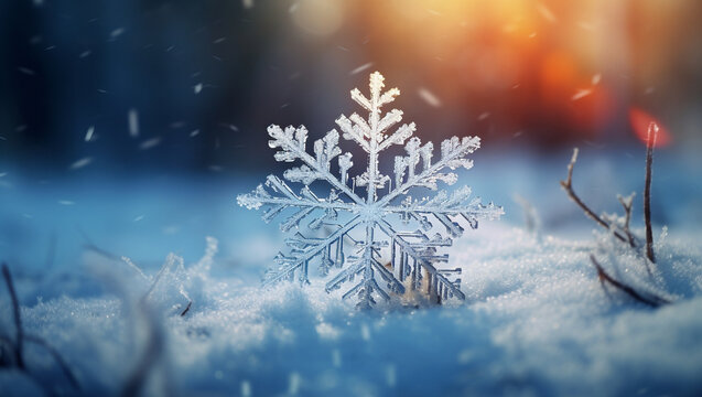 An excellent snowflake against the background of the forest. A great image with a winter theme. Winter forest on a background that gives charm. AI Generated.