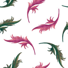 Fototapeta na wymiar Elegant hand drawing pink and green leaves seamless pattern for printing on textiles, wallpaper. Cute magic background for kids design.