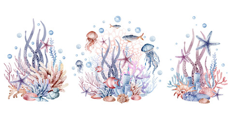 Composition of marine plants. Watercolor illustration of the underwater world and fish on an isolated background. Corals and seaweed are hand drawn. ocean design for logo.