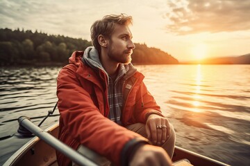 Fototapeta premium Man enjoying boating activity sailing, sea scene