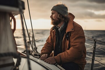 Obraz premium Man enjoying boating activity sailing, sea scene