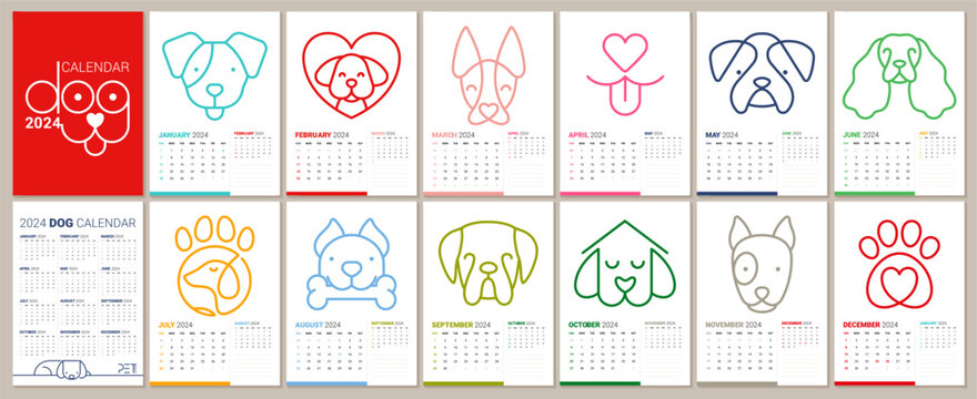 2024 Dog Calendar. Cute decorative calendar in A3 format. Collection with 12 dogs. Minimalistic design. Seamless pattern inside. Flat style - Powered by Adobe