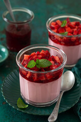 sweet and tasty strawberry mousse dessert in glass