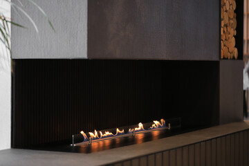Burning eco bio ethanol fireplace in the living room