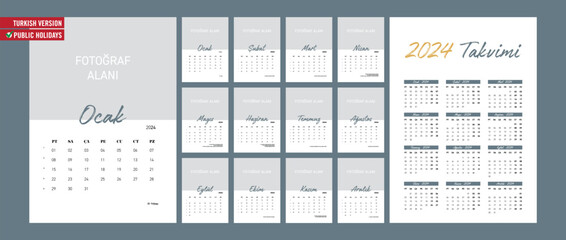 2024 Turkce takvim. Translate: Calendar 2024 Turkish version. With public holidays.