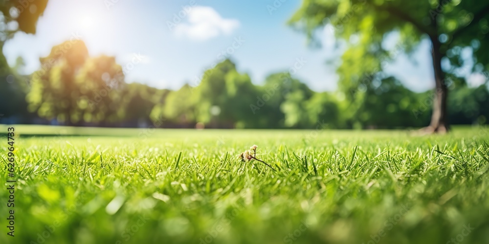 Poster Beautiful blurry image of spring nature with a neatly trimmed lawn surrounded by trees.