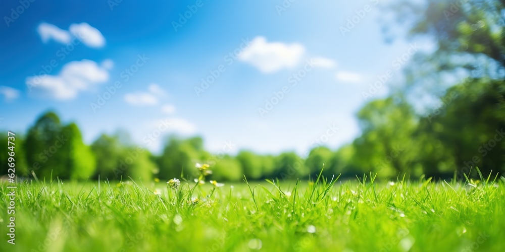 Poster beautiful blurry image of spring nature with a neatly trimmed lawn surrounded by trees.