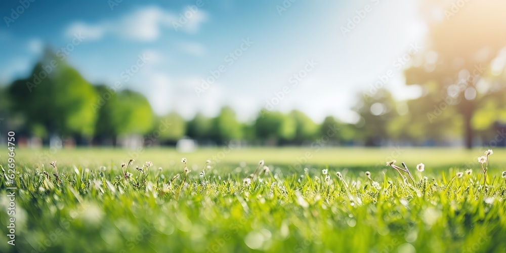 Poster beautiful blurry image of spring nature with a neatly trimmed lawn surrounded by trees.