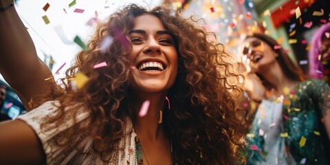A group of friends celebrate carnival. Cheerful image of a woman in candy.