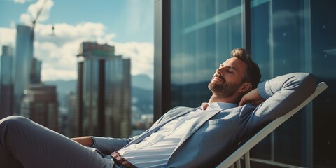 Young male businessman relaxing on the balcony