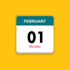 monday 01 february icon with yellow background, calender icon