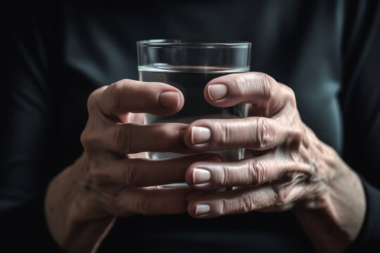 Poor senior woman with glass of water on dark background, closeup