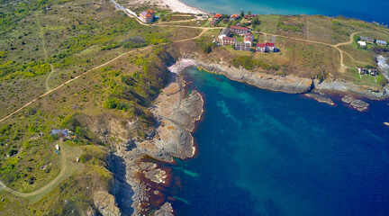 Southern coast of the Black Sea in Bulgaria from above. Drone photo. Top view of the sea and beaches