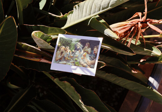 Mockup of customizable instant camera photo print available in different effects in leaves