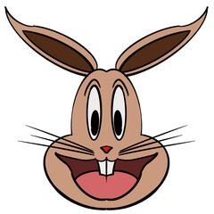 Head of a rabbit is white with a black nose and straight whiskers, large ears, beady eyes. Cartoon style.isolated on blue background. Banner or greeting card, poster, decor. Vector illustration