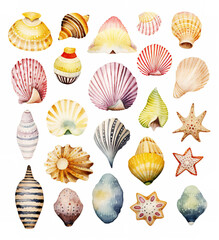 watercolor set of seashells 