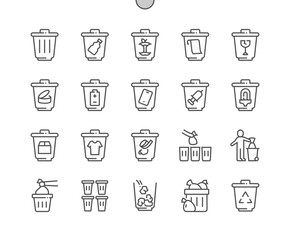 Waste sorting bins. Separating and recycling garbage. Ecology rubbish recycle. Pixel Perfect Vector Thin Line Icons. Simple Minimal Pictogram