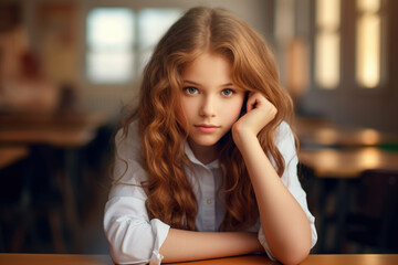Obraz premium Pretty schoolgirl leaning on elbow while sitting at desk in classroom. Close up portrait. Generative AI