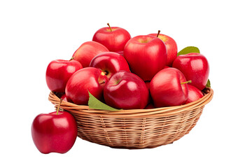 A realistic portrait of red apples in a basket, white background, isolated PNG