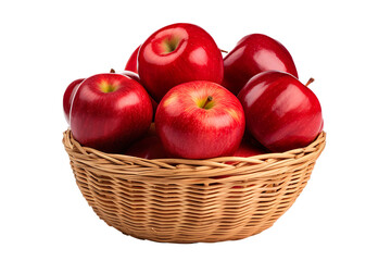 A realistic portrait of red apples in a basket, white background, isolated PNG