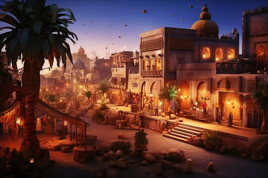 Night ancient Arabic city. Ai art