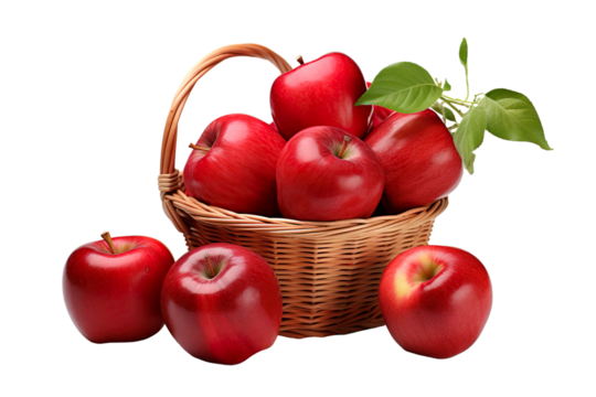 A realistic portrait of red apples in a basket, white background, isolated PNG
