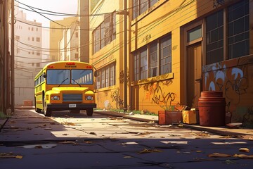 Obraz premium Yellow school bus. Ai art. Urban backstreet