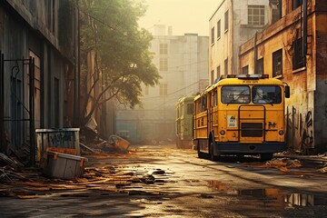 Yellow school bus. Ai art.  Urban backstreet
