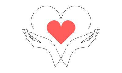 One continuous line drawing of hands holding heart. Concept of love and volunteer organisation symbol in simple linear style. Editable stroke. Doodle Vector illustration