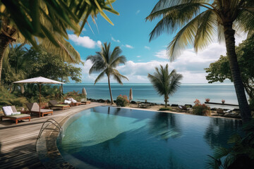 Fototapeta premium Stunning landscape, swimming pool blue sky with clouds, Tropical resort hotel, Luxury travel vacation