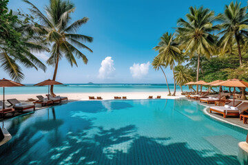 Fototapeta na wymiar Stunning landscape, swimming pool blue sky with clouds, Tropical resort hotel, Luxury travel vacation