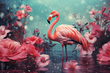 Flamingo and tropical nature flower background. Generative ai.