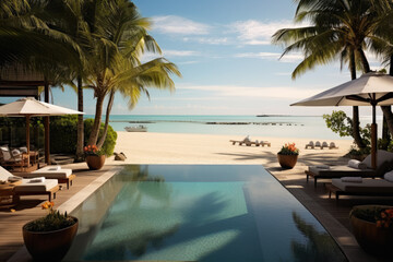 Fototapeta premium Stunning landscape, swimming pool blue sky with clouds, Tropical resort hotel, Luxury travel vacation